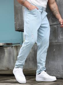 Manfinity Homme Men's Plus Size Casual Washed Ripped Tapered Jeans, Plain Light Jeans Slim Fit Long Baby Blue Washed Cargo Jeans, For Husband, Boyfriend Gifts - Blue - View 5