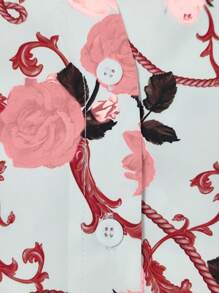 Xyvia 2 件套女式夏季休闲花卉印花荷叶边衬衫和纯色长裤套装