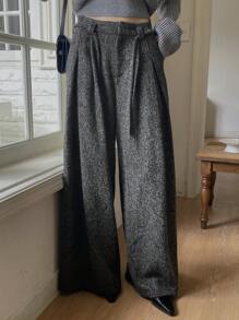 Livesso 宽松商务休闲阔腿裤，带口袋和腰带，女士秋冬款 - 黑色 - 查看 5