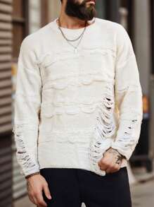 Manfinity Homme 男式纯色做旧圆领长袖毛衣 - 卡其色 - 查看 3