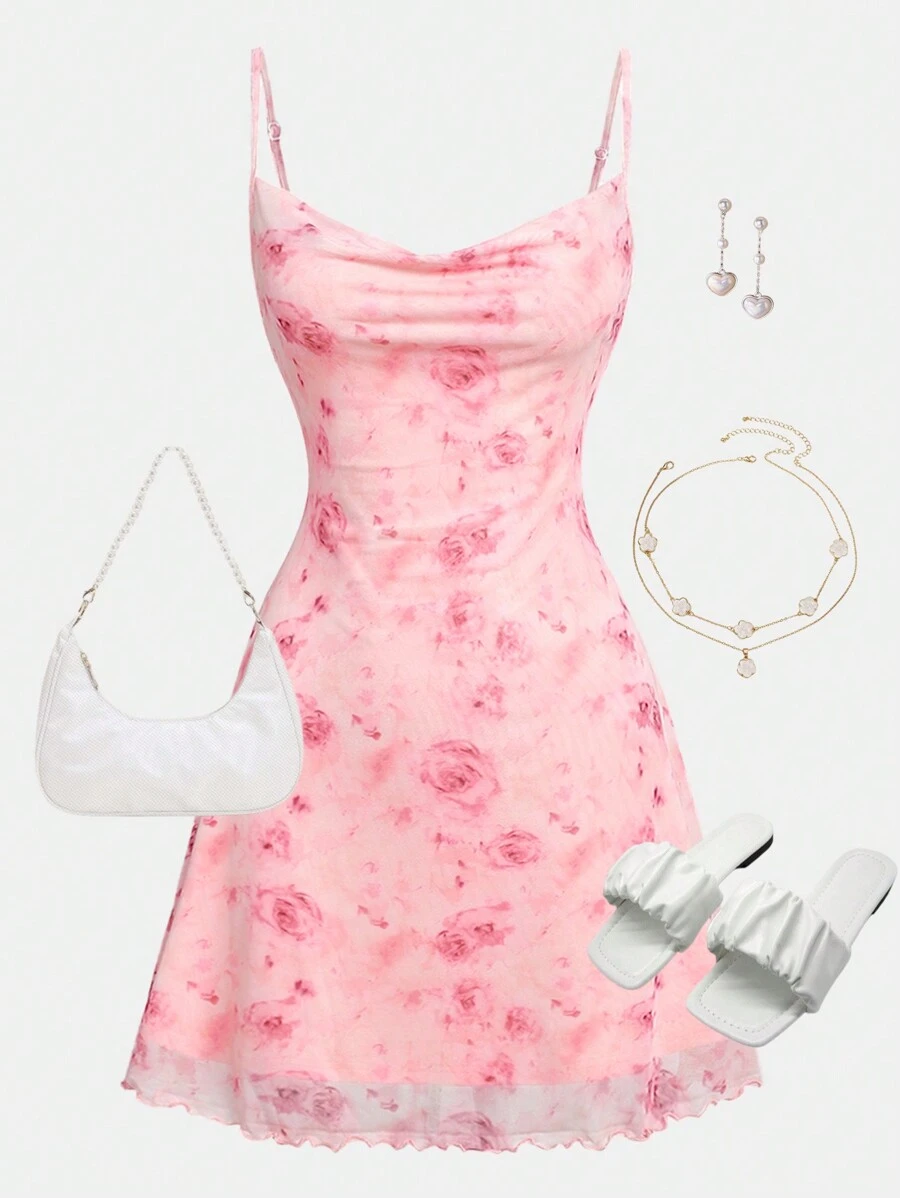 SHEIN Girlism 少女粉色碎花网眼迷你连衣裙,配有细肩带,适合派对和休闲场合 - 粉色 - 查看 1