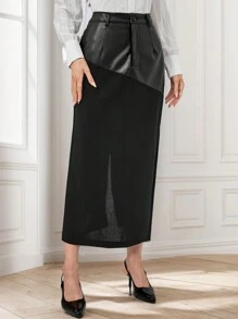 Modelyn Women's Solid Color Front Button Simple A-Line Skirt, Casual Daily Wear - Black - View 3