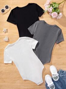 SHEIN 3pcs Tween Girls Solid Color Knit Jumpsuit Sets - Dark Grey - View 2