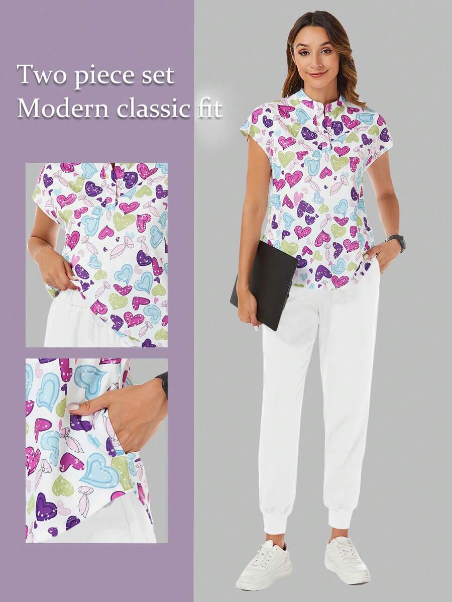 TaskEZ Women Heart Pattern Stand Collar Bat Wing Sleeve Blouse And Pants Uniform Scrub Set - White - View 1