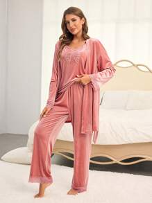 SHEIN 3st löst stickade byxor i sammetstyg för damer, kamisole och långärmad pyjamasset, bekväma loungekläder - Dammrosa - Visa 4