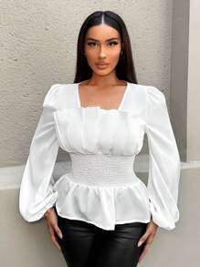 Zolique 女士纯色方领灯笼袖优雅、正式、浪漫衬衫 - 白色 - 查看 5