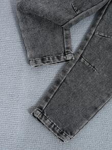 SHEIN Explorewe 2pcs Young Boy New Casual Washed Black Elastic Waist Denim Jacket & Wide Leg Relaxed Taper Jeans Set Chic Outfits For Autumn/Winter