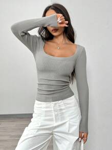 Chiquease 女士修身圆领保暖优雅毛衣，针织套头衫，秋冬款 - 深灰色 - 查看 6