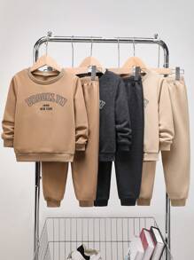 6pcs/Set Kids Boys' Casual Letter Print Graphic Crew Neck Sweatshirt And Solid Color Jogger Pants 2 Pieces Outfit, Suitable For School, Garden, Beach, Birthday, Spring, Summer, Autumn, Winter. Buy 2 Get 1 Free, Fleece, Thickened - Multicolor - View 7