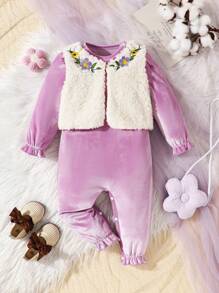 2pcs Baby Girls Jumpsuit + Embroidered Plus Fleece Thick Vest Set, Cute & Warm Outfits For Autumn/Winter - Purple - View 1