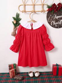Young Girl Fashionable Simple Christmas Colorblock Dress - Red - View 2