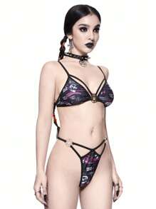 ROMWE Goth Floral Print Harness Triangle Cut Out Beach Bikini Set, Halloween - Multicolor - View 5