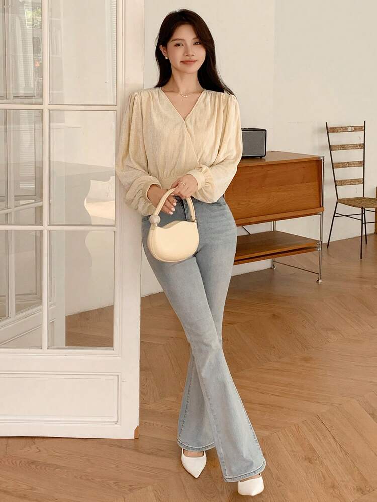 Ladies' Casual Business Solid Color Slim Fit Long Sleeve Corduroy Textured Short Blouse,Fall Clothes