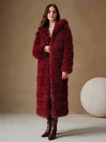 Anewsta 女士优雅纯色圣诞蓬松连帽长外套，时尚秋冬