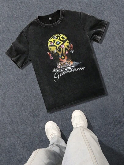 Manfinity EMRG Plus Size Men's Figurative Print Crew Neck Short Sleeve T-Shirt,Graphic Tee