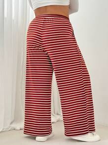 SHEIN EZwear 大码女式夏季休闲宽松高腰直筒裤带口袋，红色条纹针织面料 - 乾枯玫瑰色 - 查看 2