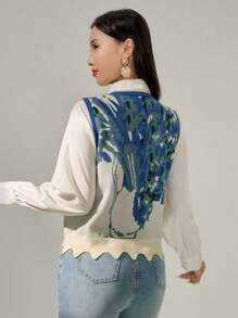 Mulvari 女士秋冬 V 领提花图案系带毛衣背心 - 彩色 - 查看 2