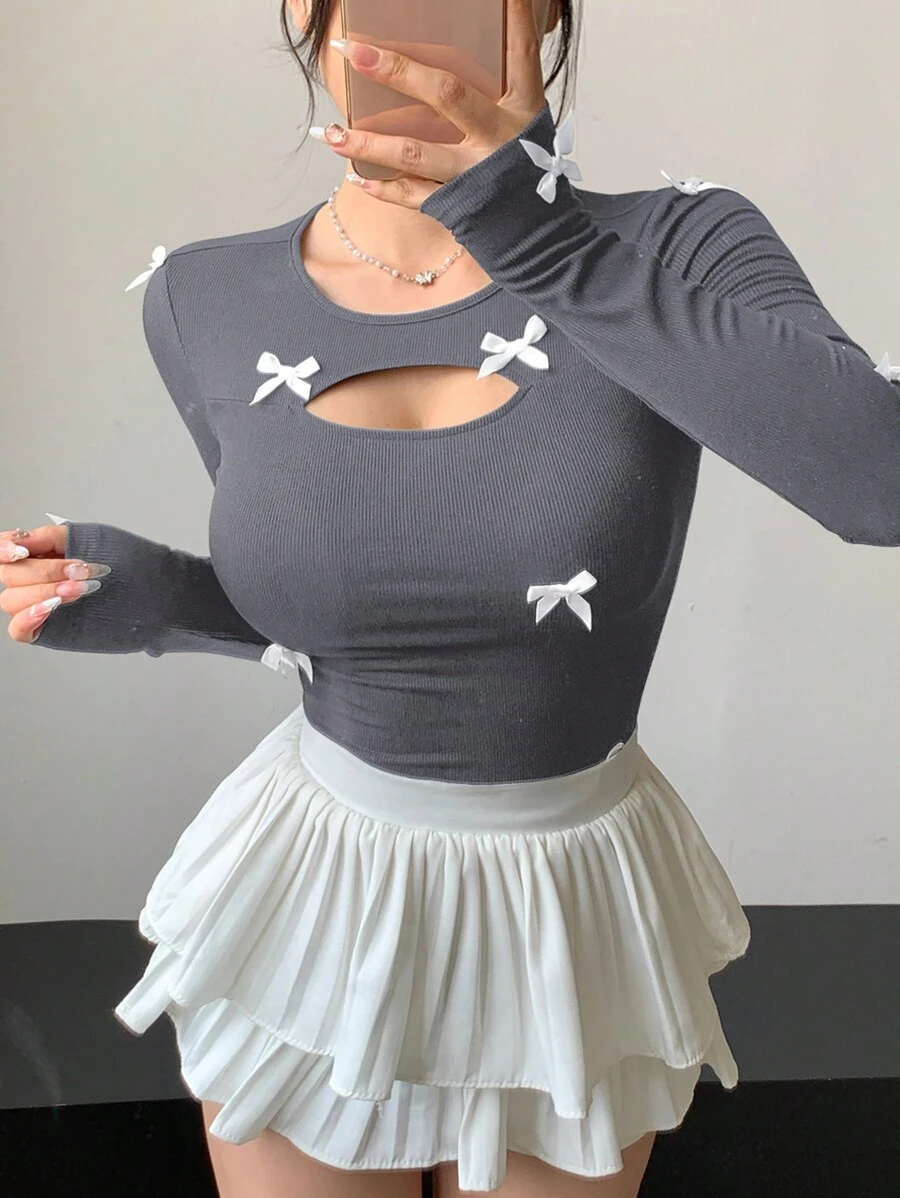 DAZY New Arrival Autumn Bow Decor Slim Fit T-Shirt For Women Long Sleeve Women Tops - Grey - View 1