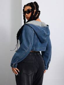 Jeanoix Chaqueta corta de mezclilla azul oscuro para mujer talla grande, para otoño - Azul lavado medio - Ver 1