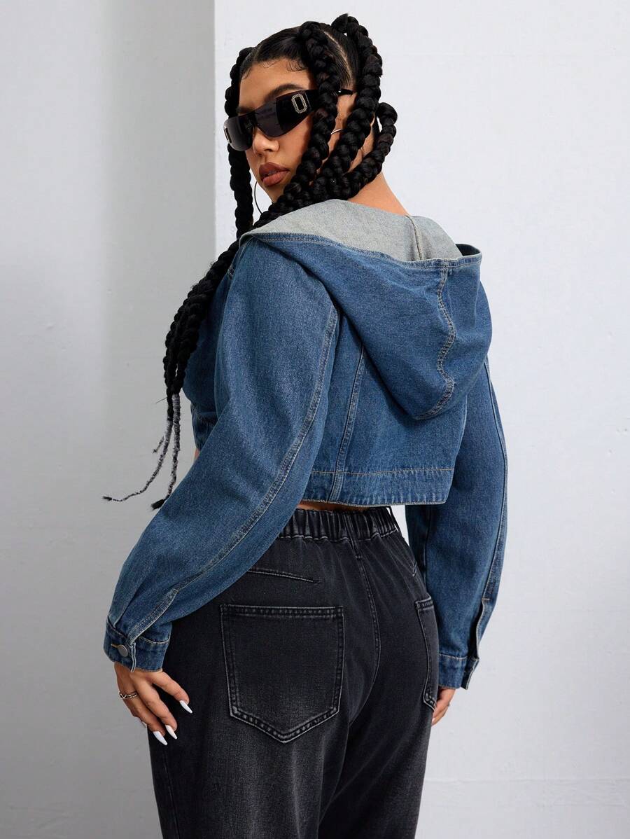 Jeanoix Chaqueta corta de mezclilla azul oscuro para mujer talla grande, para otoño - Azul lavado medio - Ver 1