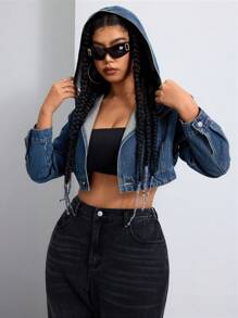 Jeanoix Chaqueta corta de mezclilla azul oscuro para mujer talla grande, para otoño - Azul lavado medio - Ver 4