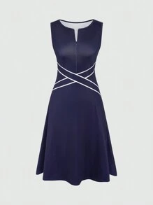 SHEIN LUNE Damen Sommerkleid ohne Ärmel mit Farbblock-Muster und Reißverschluss-Teilung - Blau - Übersicht 1