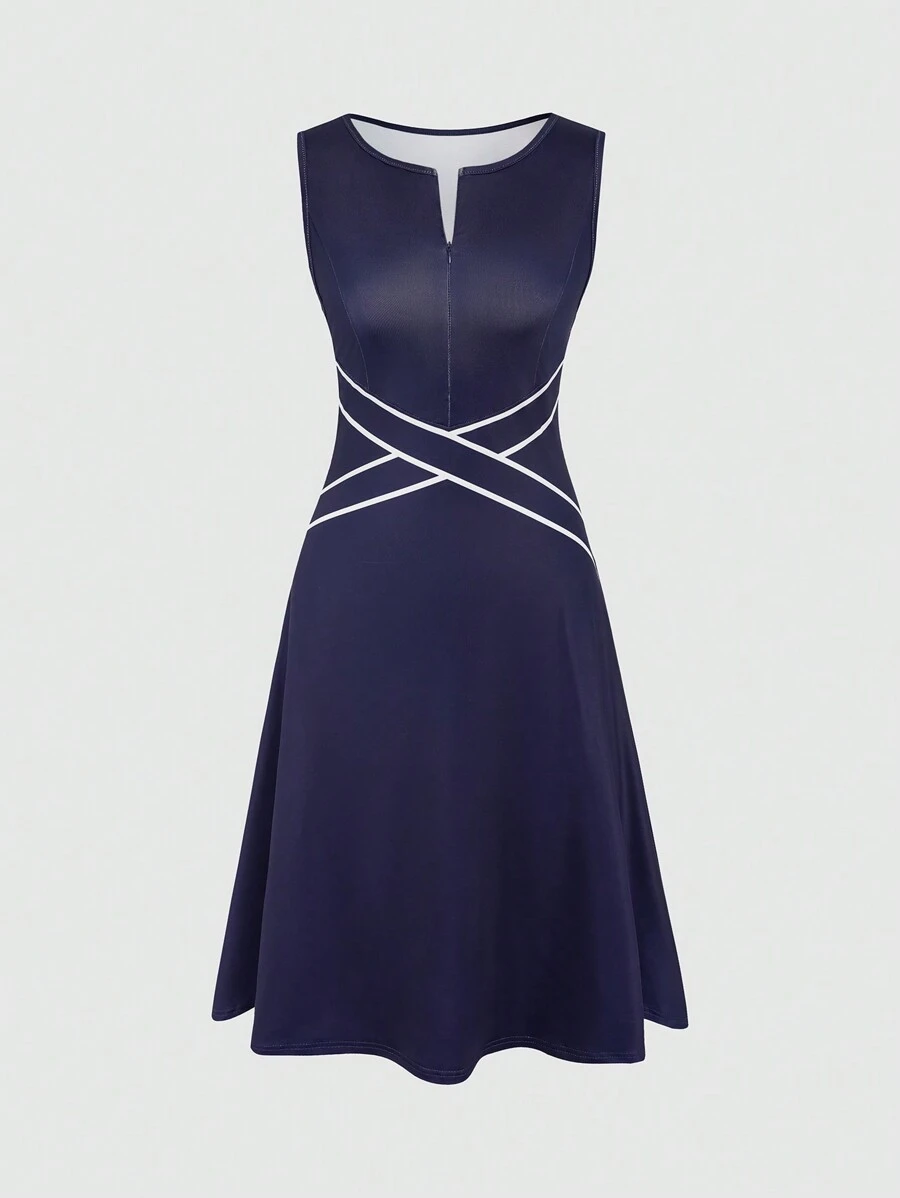 SHEIN LUNE Damen Sommerkleid ohne Ärmel mit Farbblock-Muster und Reißverschluss-Teilung - Blau - Übersicht 1