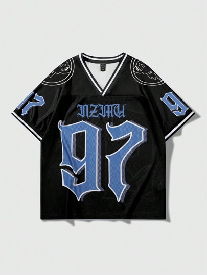 Prep Men's Summer Loose Fit V-Neck Numeric Print Short Sleeve Casual Jersey T-Shirt , Baseball Jerseys