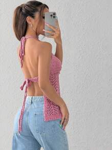 Flirla Blusa casual de punto de unicolor con nudo delantero y calado para mujer