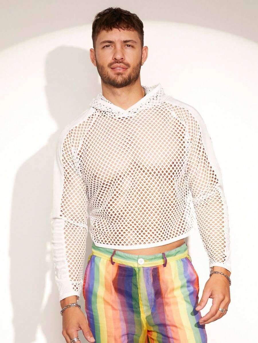 FeverCity Men's Loose Fit Mesh Panel Hoodie, Long Sleeve Short Style - White - View 1