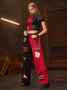Harley Quinn | ROMWE Women Contrast Color Black And Red Patchwork Cargo Boy Friend Jeans - Multicolor - View 5