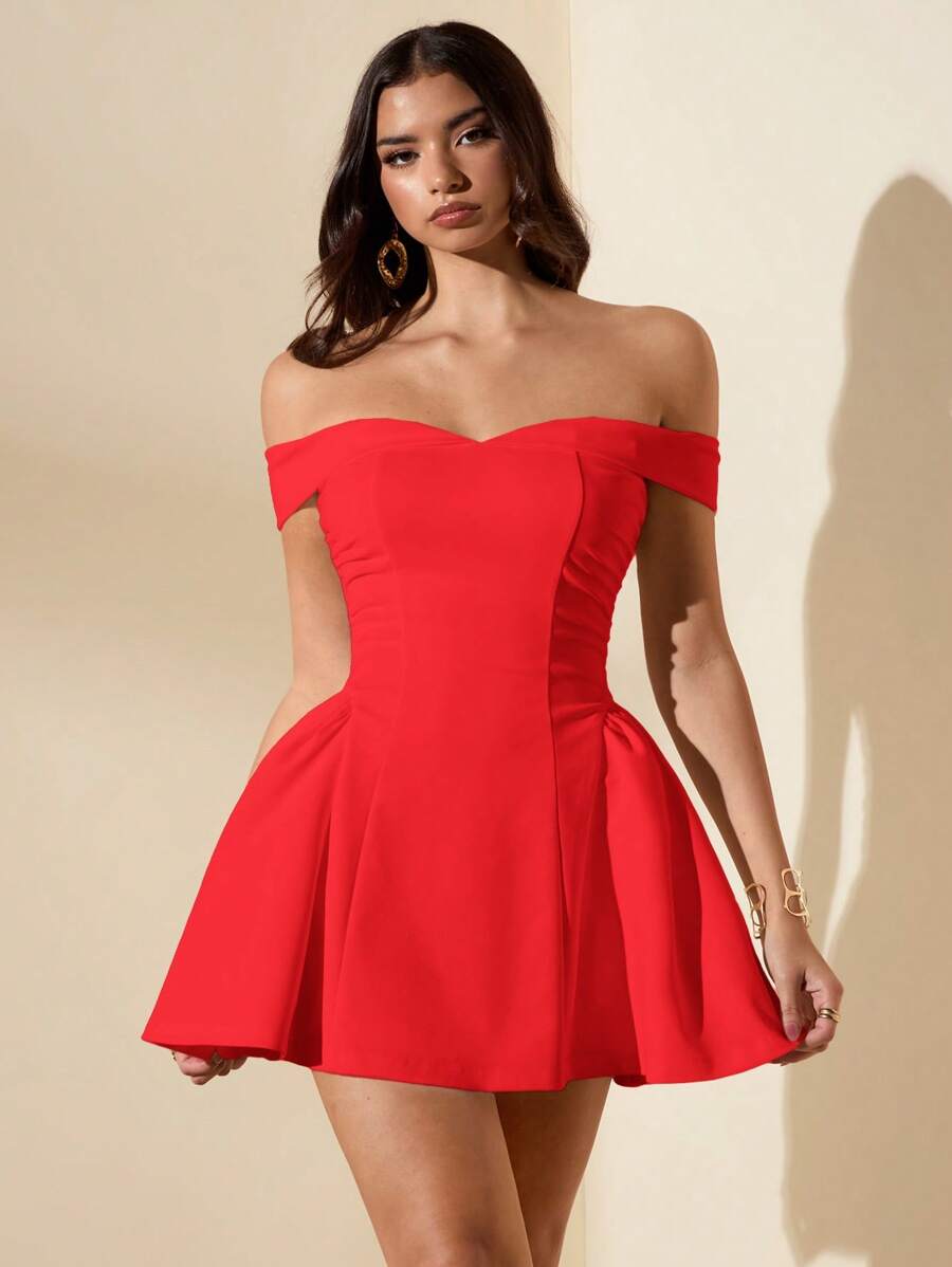 SHEIN BAE Women's White Cute Sweet Elegant Off Shoulder Dress, Solid Color Puff Skirt, Waist Cinched A-Line Peplum Dress, Suitable For Back To School, Birthday, Party, Sundress