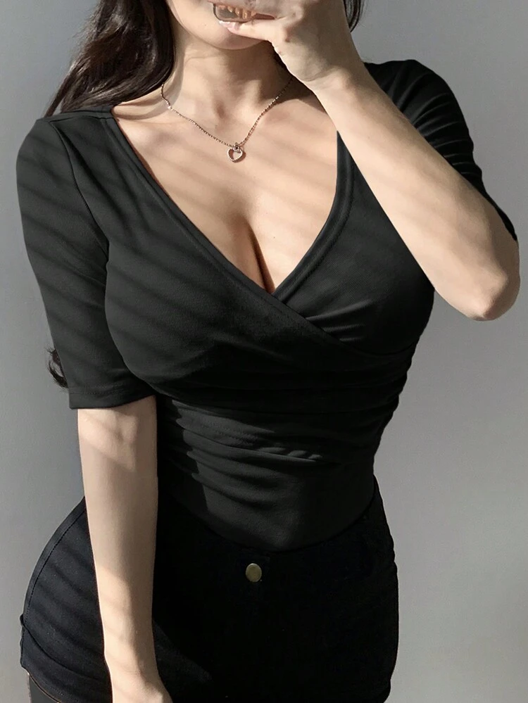 Women's Summer Solid Pleated V-Neck Short Sleeve Slim Fit T-Shirt Going Out Tops Women