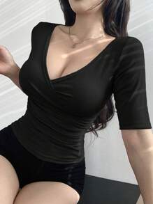 DAZY Women's Summer Solid Pleated V-Neck Short Sleeve Slim Fit T-Shirt