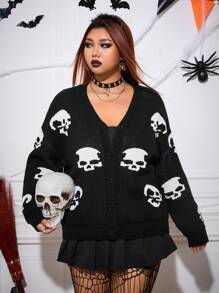 SHEIN CURVE+ 大码休闲朋克黑暗万圣节骷髅针织开衫 - 黑色 - 查看 2