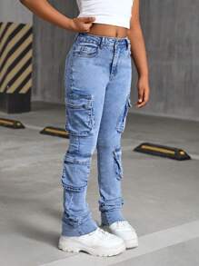 SHEIN Tween Girls Tween Girls Y2K Stonewashed Denim Cargo High Waisted Flared Pants With Pleats And Flap Pocket Stacked Jeans,Tween Girl Back To School Fall Clothes Outfits - Blue - View 4