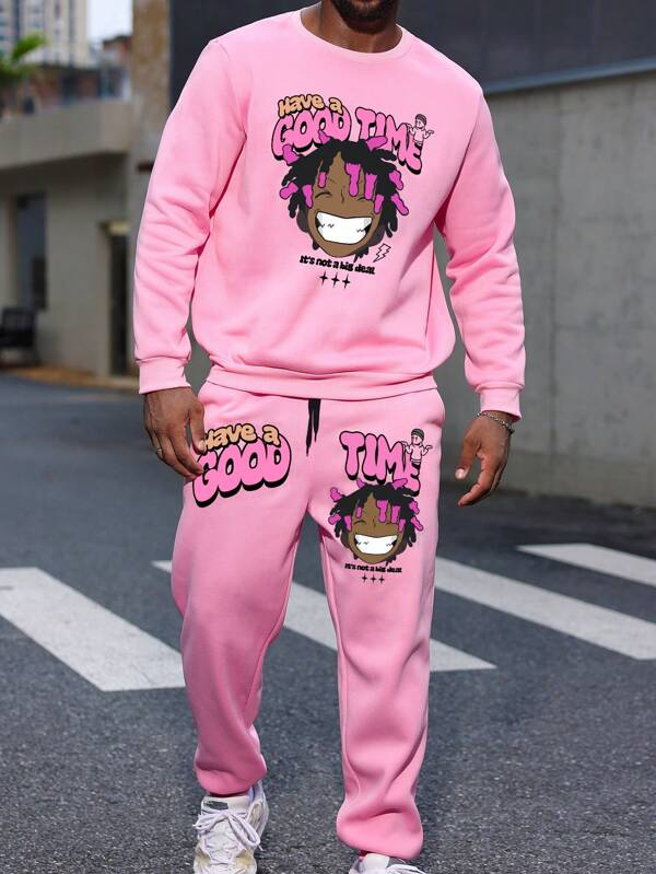 Manfinity LEGND 2pcs Men's Plus Size Spring & Autumn Letter & Cartoon Character Print Long Sleeve Crew Neck Sweatshirt And Sweatpants Casual Outfit