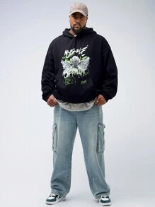 Manfinity VCAY Plus Size 1pc Men's Casual Angel Print Loose Drop Shoulder Hoodie Pullover Suitable For Autumn