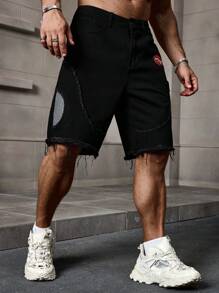 Manfinity Homme 男士夏季休闲字母贴布磨边牛仔短裤 - 黑色 - 查看 3