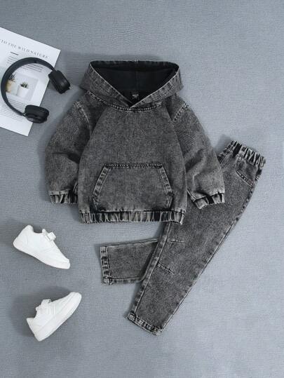 SHEIN Explorewe 2 件装年轻男孩新款休闲水洗黑色松紧腰牛仔夹克和宽腿宽松锥形牛仔裤套装