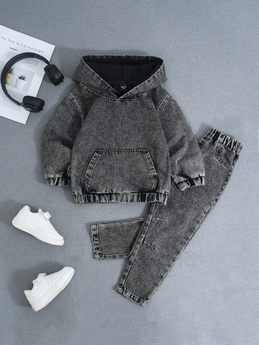 SHEIN Explorewe 2pcs Young Boy New Casual Washed Black Elastic Waist Denim Jacket & Wide Leg Relaxed Taper Jeans Set Chic Outfits For Autumn/Winter