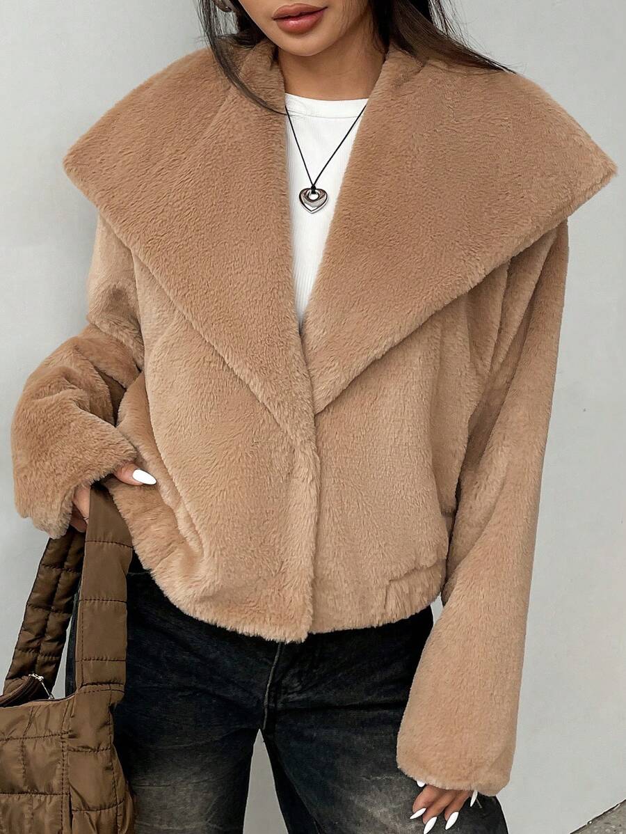 Flirla 女士纯色长袖毛绒领休闲夹克秋冬季 - 卡其色 - 查看 1