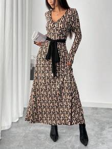 Mulvari Women's Geometric Print V-Neck Long Sleeve Knotted Waist Maxi Casual Arabian Style Modest Dress