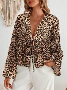 SHEIN VCAY Women's Regular Fit Leopard Print Long Sleeve Vacation Shirt - Multicolor - View 1