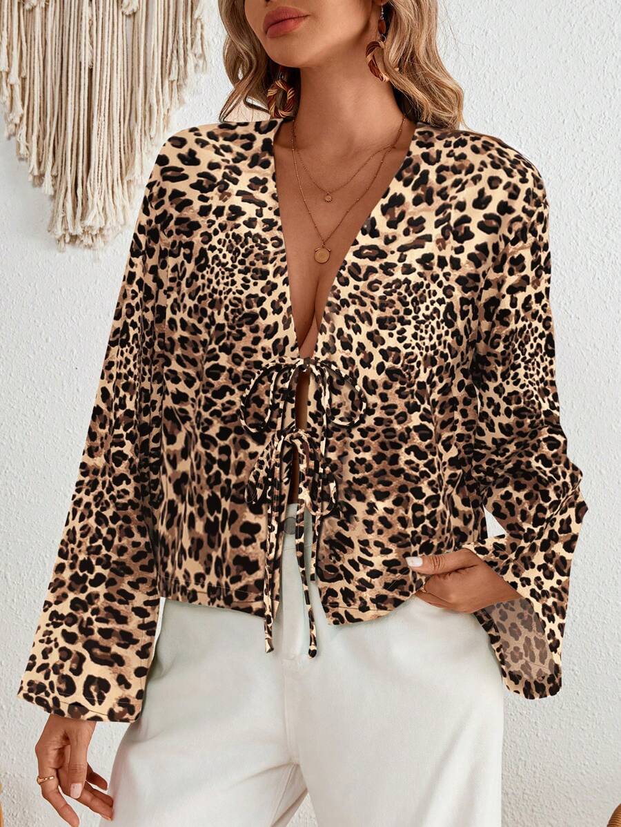 SHEIN VCAY Women's Regular Fit Leopard Print Long Sleeve Vacation Shirt - Multicolor - View 1