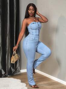 Slaydiva Bộ đồ liền thân denim bó không tay có nút phía trước dành cho nữ - Rửa nhẹ - Xem 4