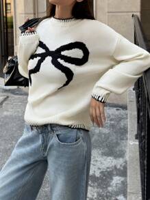 SHEIN Frenchy Women's Chunky Knit Bow Colorblock Oversized Loose Pullover Sweater, Women's Chunky Knit Bow Colorblock Oversized Loose Pullover Sweater Fall Casual Knit With Bow Decor, Oversized Crew Neck And Dropped Shoulders For Women, Fall/Winter For Women/Halloween Sweater/Essentials/Christmas/Women's Office Attire/Basic/Cute., Long Sleeve Tops - Beige - View 5