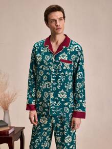 SHEIN EverLounge Ensemble de pyjama avec chemise à manches longues et pantalon, col à revers, imprimé floral, à simple boutonnage, pour homme