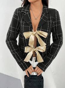 Chiquease Women Tie-Up Printed Lapel Collar Daily Wear Suit Jacket - Black - View 5