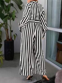 Plus Size Stand Collar Long Sleeve Belted Striped Casual Jumpsuit